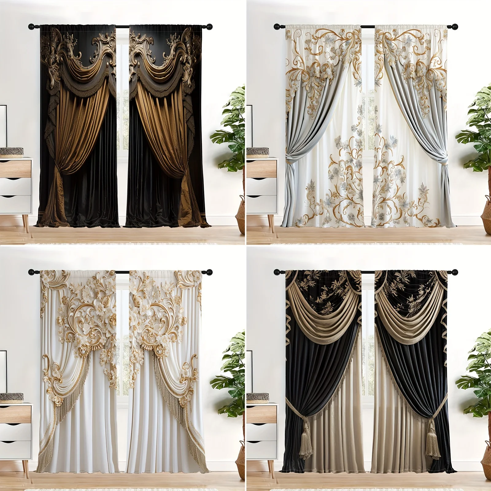 

2Pcs European Style 3D Printed Curtains - Light Filtering, Three Suspension Designs For Living Room, Bedroom, Office Home Decor