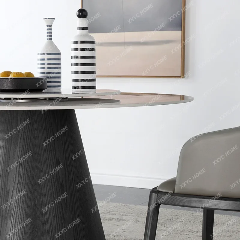 JRock slab 1.5 meters round dining table and chair combination with turntable modern simple solid wood small