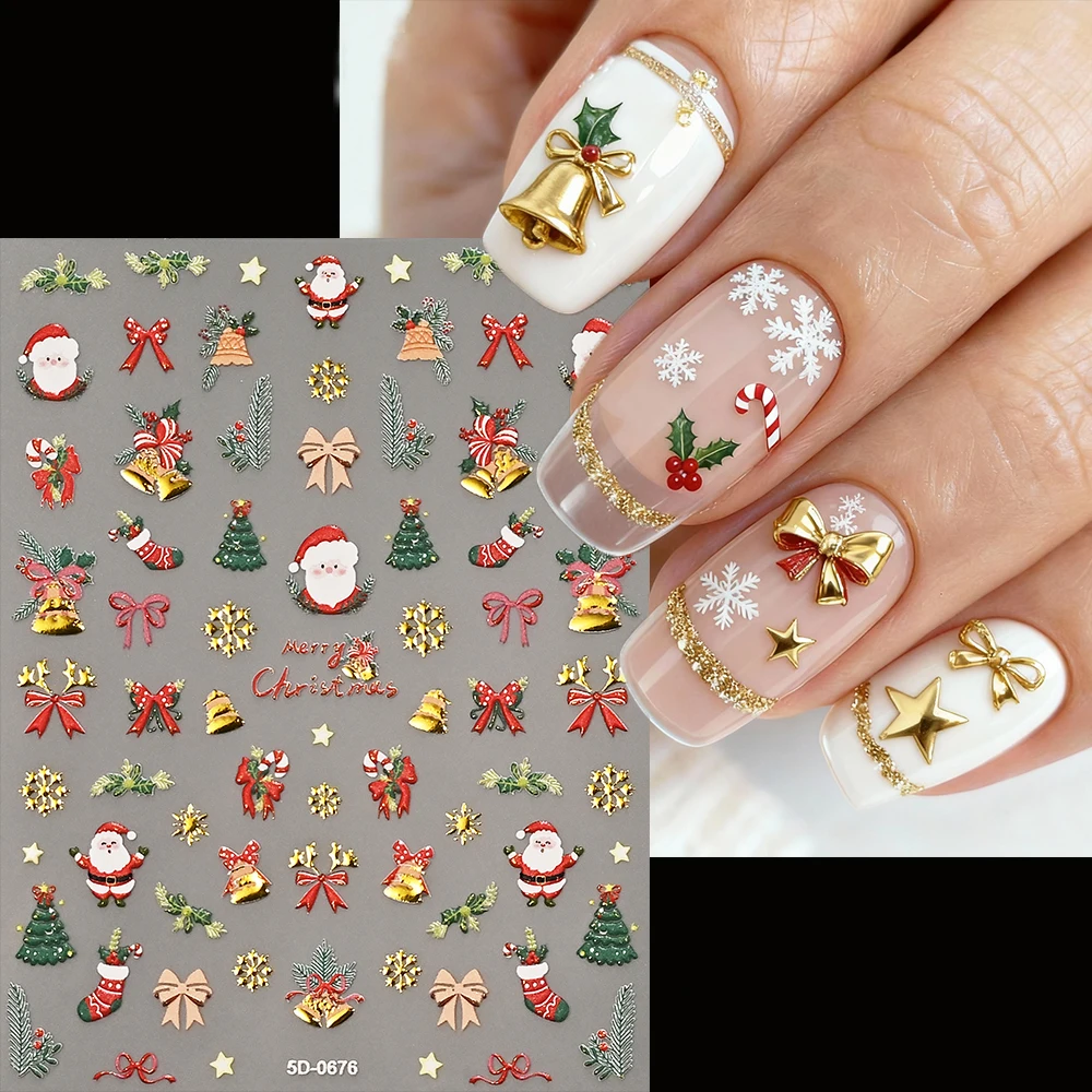 2 قطعة معدنية 5D عيد الميلاد مسمار احباط ملصقات سانتا كلوز/شجرة عيد الميلاد/رقاقات الثلج/قوس أجراس ذاتية اللصق مسمار الشارات DIY بها بنفسك مانيكير #3