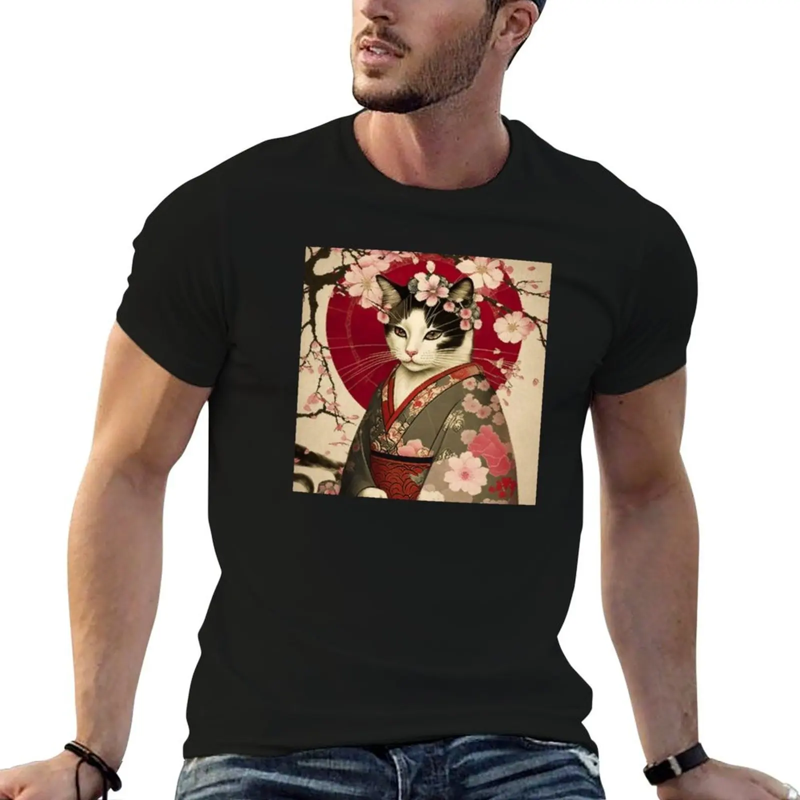 Japanese Geisha Cat with Cherry Blossom Portrait / Print for Cat Lovers T-Shirt oversized t shirt summer tops Men's t-shirt