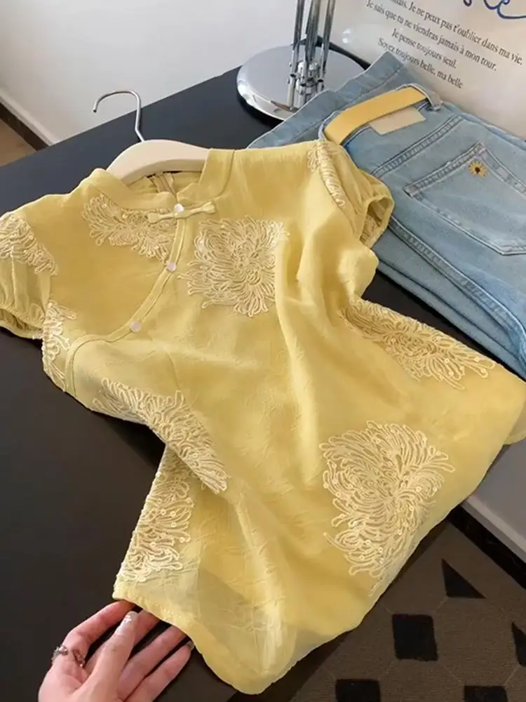 

Ele Yellow Embroidered Button up irt ort Sve Retro Sle Women's Unique Faionable Summer Top Breathable Loose Fit