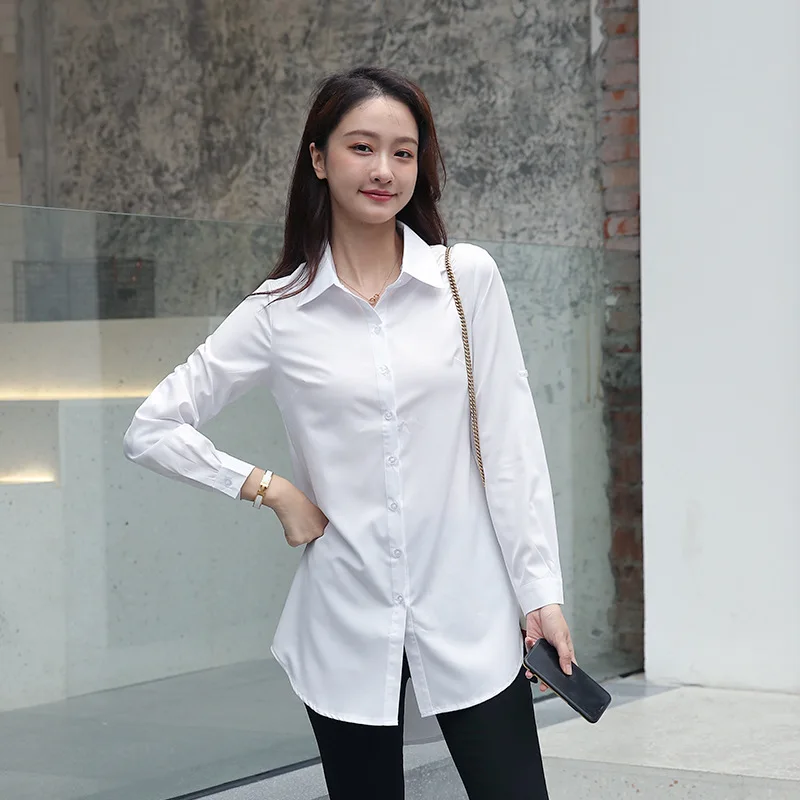 Mid Length Women Shirt Korean Fashion Womens Tops BF Sexy Shirt Long Sleeve Blouse Women Autumn Female Clothes White Shirt Women