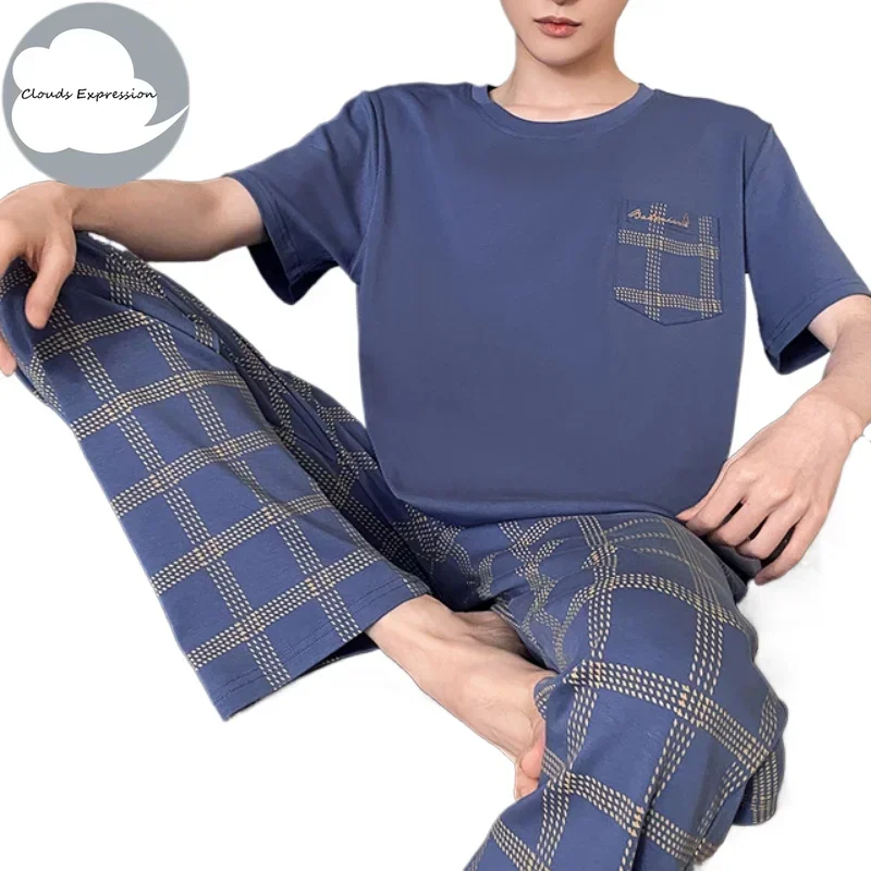 Pijama masculino de malha de manga curta, pijamas casuais, calças compridas, conjuntos de pijamas, pijamas legais, roupa caseira, verão, 4XL