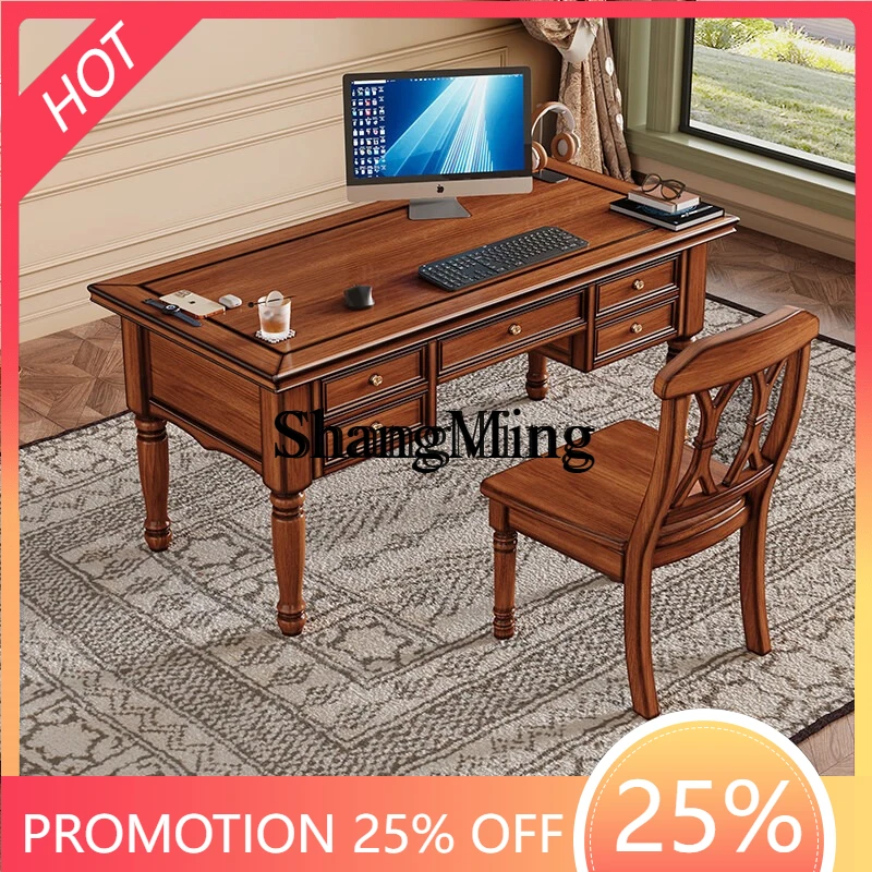 SM new solid wood desktop computer desk household retro study writing table solid wood desk chair combination