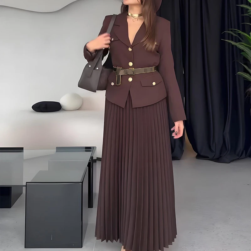 2025 Spring Long Sleeved Jacket and Skirt Suit Simple Solid Color Slim Commuting Outfit Elegant Temperament Slim Women\'s 2pc Set