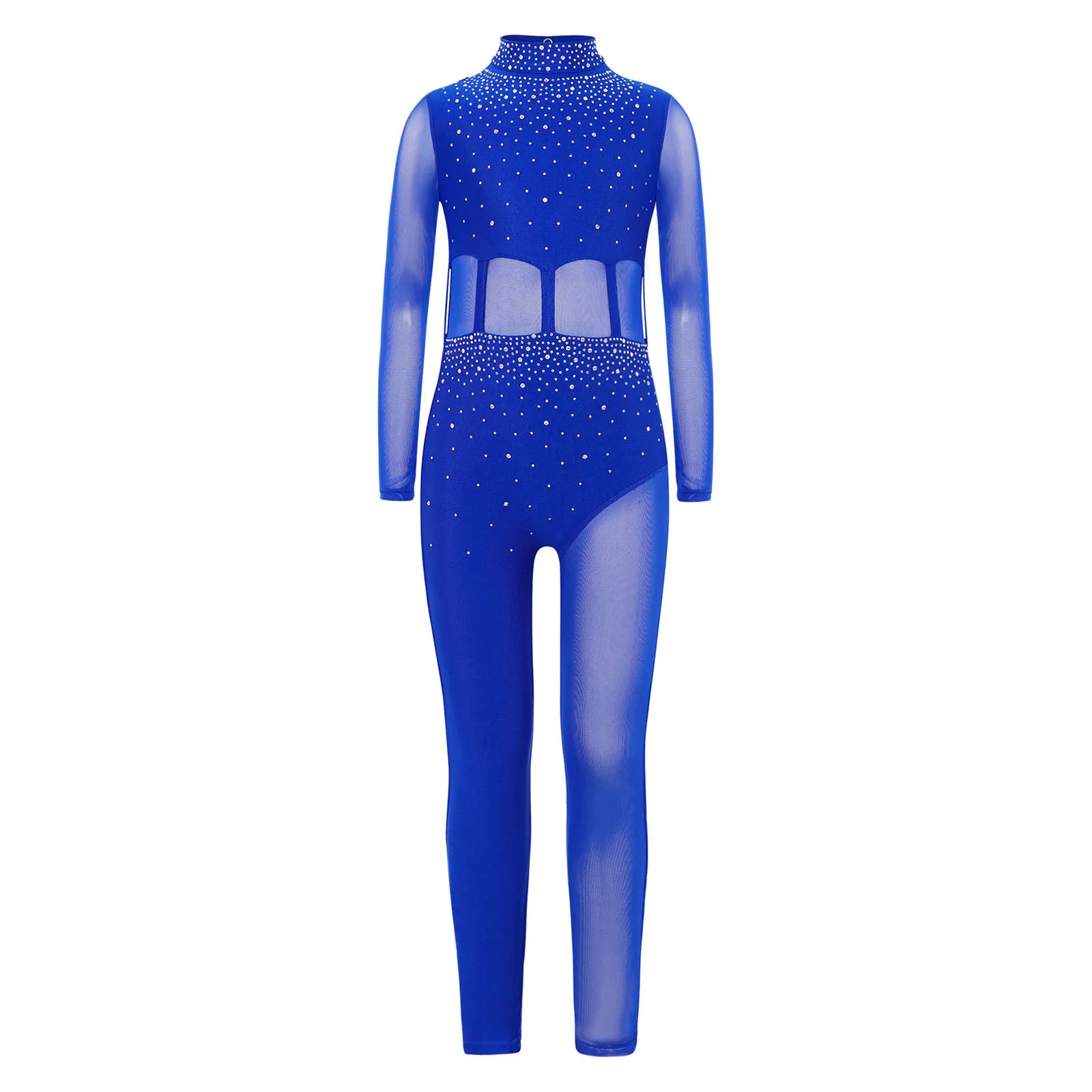 Kids Girls Long Sleeve Figure Skating Full Bodysuit Jumpsuit Ballet Dance Rhythmic Gymnastics Leotard Mesh Rhinestones Unitard