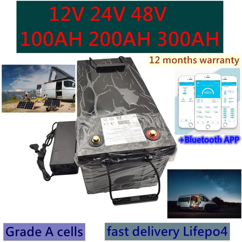 

High capacity New 24v 100AH 48v 100AH 200AH 300ah LiFePO4 Battery 12V 24v Lithium Iron Phosphate Batteries RV Solar Camping