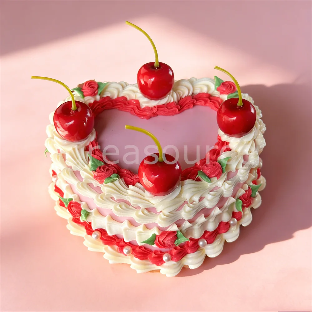 Vintage Heart Shaped Cherry Cake Model Jewelry Box Retro Pink Cream Cake Trinket Storage Rose Pearl Cute Kawaii Girls Desk Decor - view 6