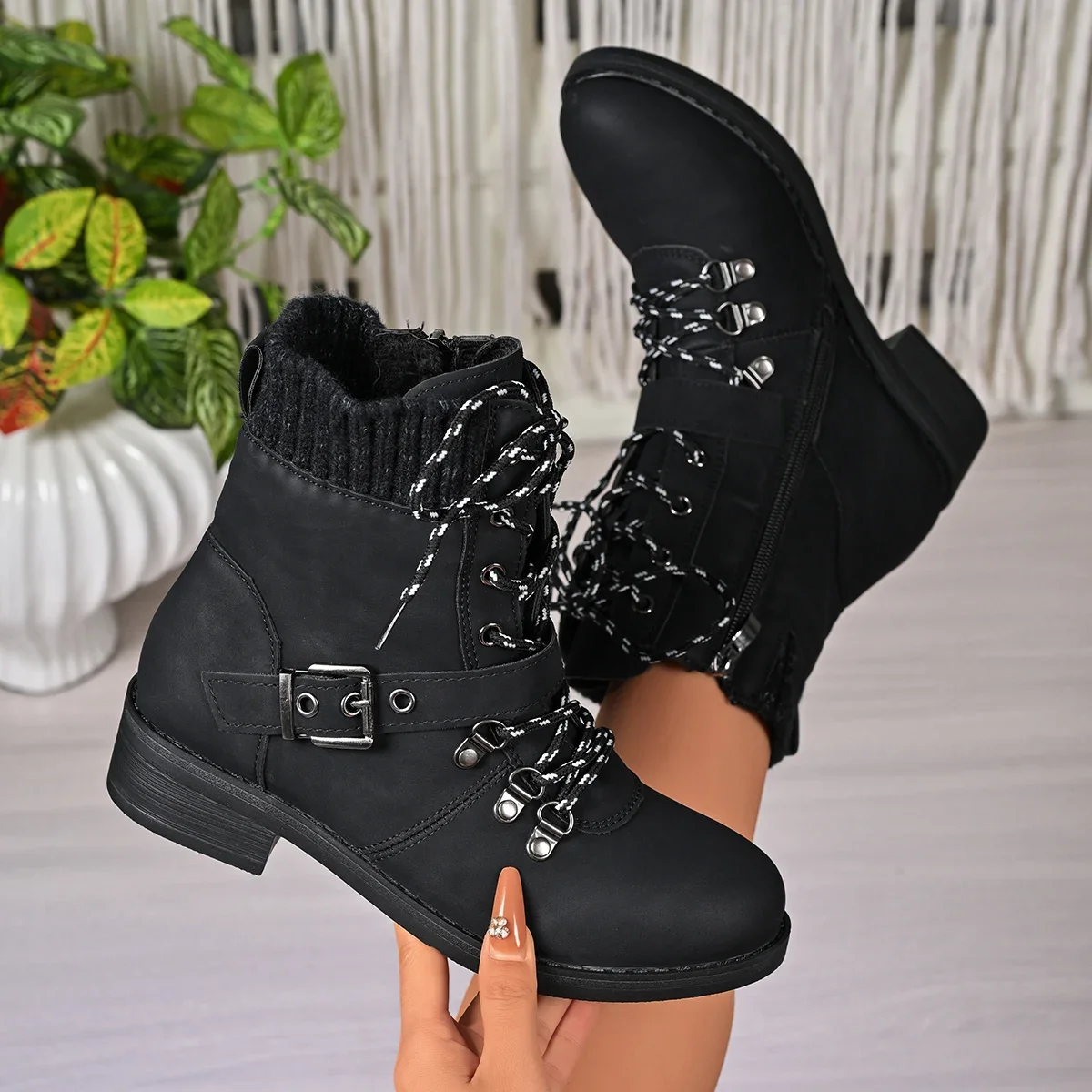 

2025 Winter Women Outdoor Designer Shoes Side Zip Comfortable Mid-Calf Boots Square Heel Casual Med Heel Boots Zapatos De Mujer