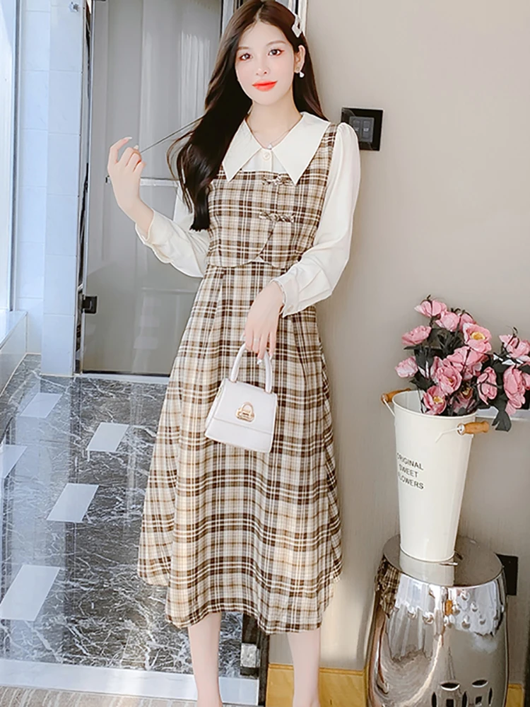 

Women Plaid Patchwork Polo Collar Fake Two Piece Dress Autumn Winter Long Sleeve Casual Home Dress 2025 Korean Elegant Vestidos