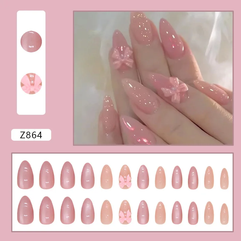 24pcs Korean Sweet False Nails Pink Bow Design Glossy Press on Nails Wearable Detachable Almond Fake Nail Tips For Girls Lady