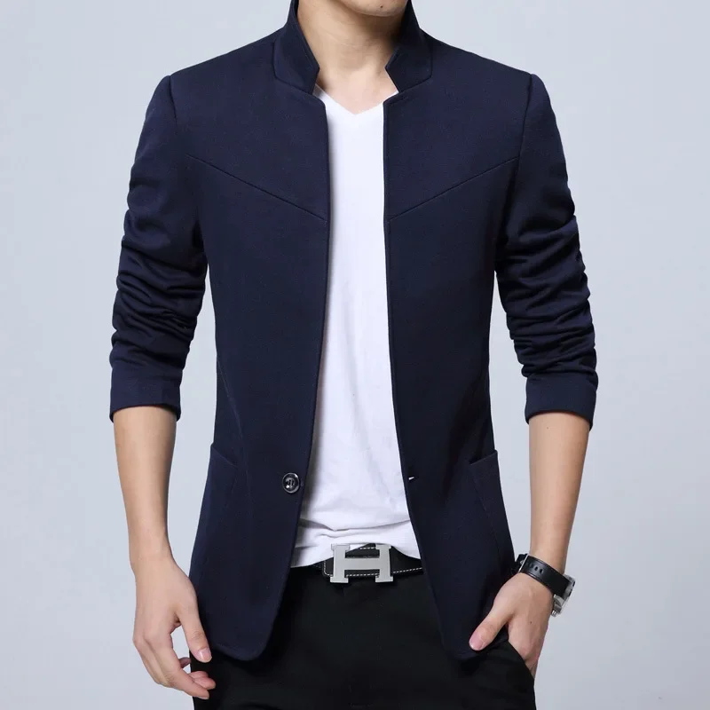 Men\'s Casual Slim Fit Solid Suit Blazer Jacket Men Wedding Dress Blazer Male Stand Collar Blazer Masculino Pluse Size FS-125