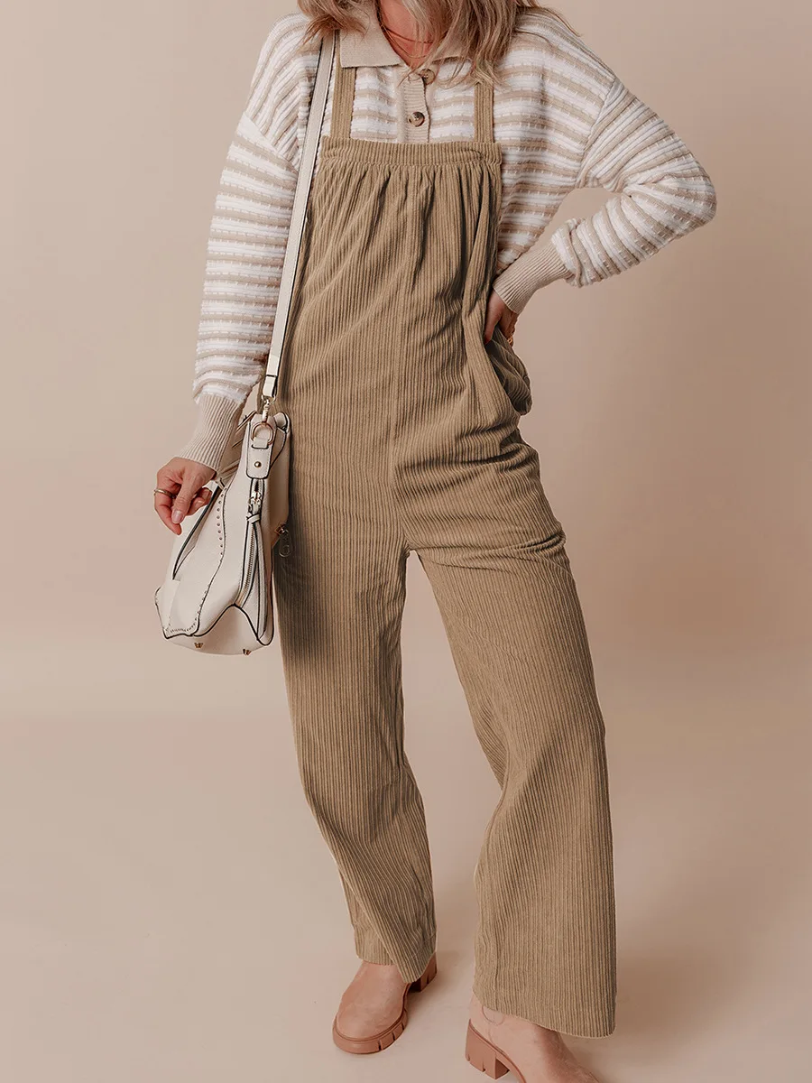 Autumn Spring New Khaki Corduroy Jumpsuit Solid Color Multi Pocket Overalls For Women Solid Color Retro Causal Woman Clothing