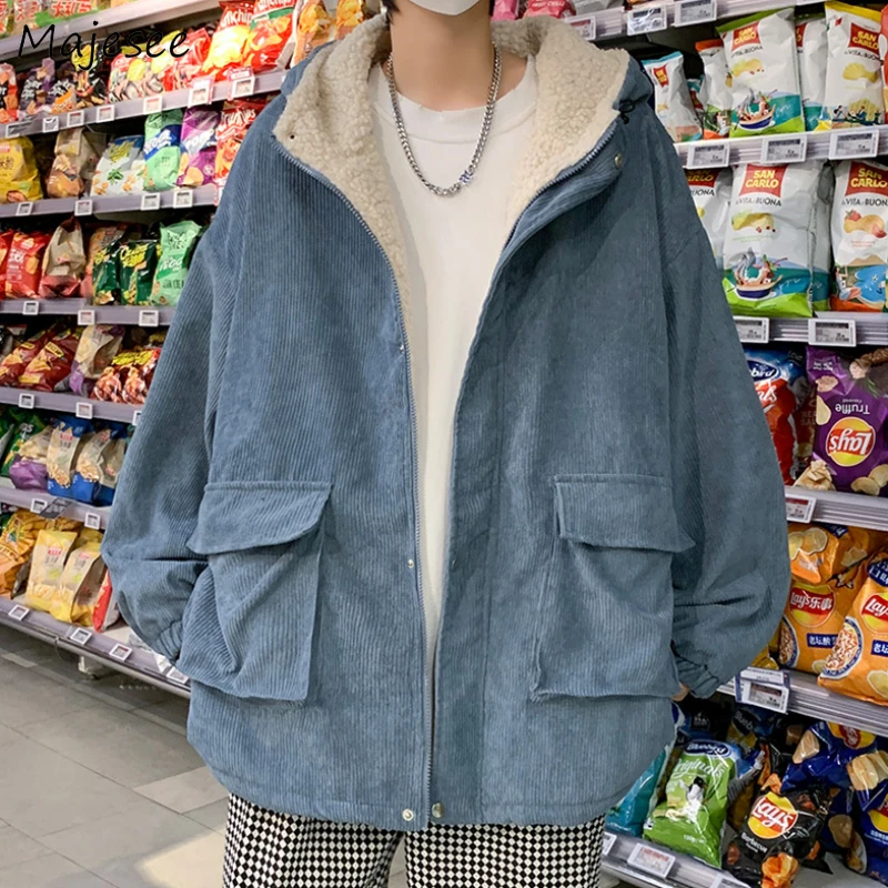 Short Parkas Men Simple Chic Loose Ulzzang Casual Hooded Outwear New Fashion Pocket Street All-match Plus Velvet Winter Clothes