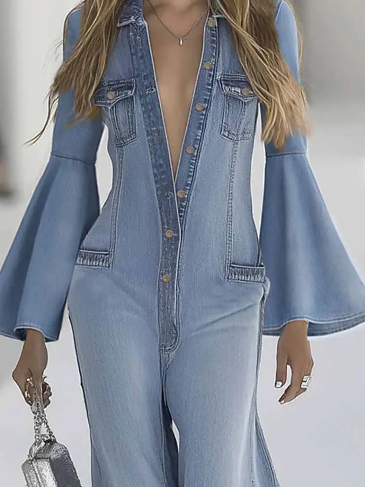 

Элегантный джинсовый комбинезон с асимметричным воротником с лацканами, женский элегантный однотонный тонкий длинный джемпер на пуговицах, повседневные комбинезоны с расклешенными рукавами и широкими штанинами