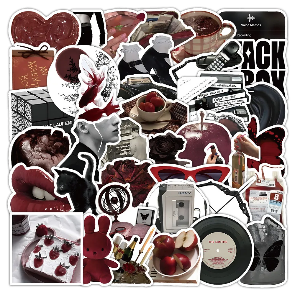50 Pcs Crimson and Jet Black Die-Cut Stickers - Vintage Artistic Waterproof Decor for Journals Crafts Giajar Sticker Store