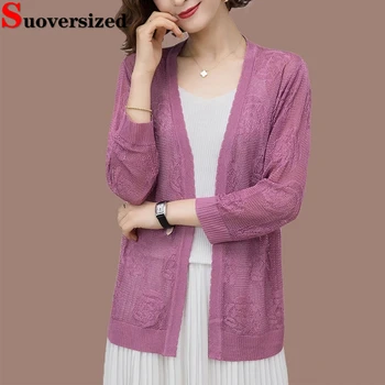 여성용 할로우 아웃 니트 가디건 재킷, 캐쥬얼, 경량 자외선 차단, 얇은 아웃웨어, 기본 자카드 니트웨어, 상의, 여름
