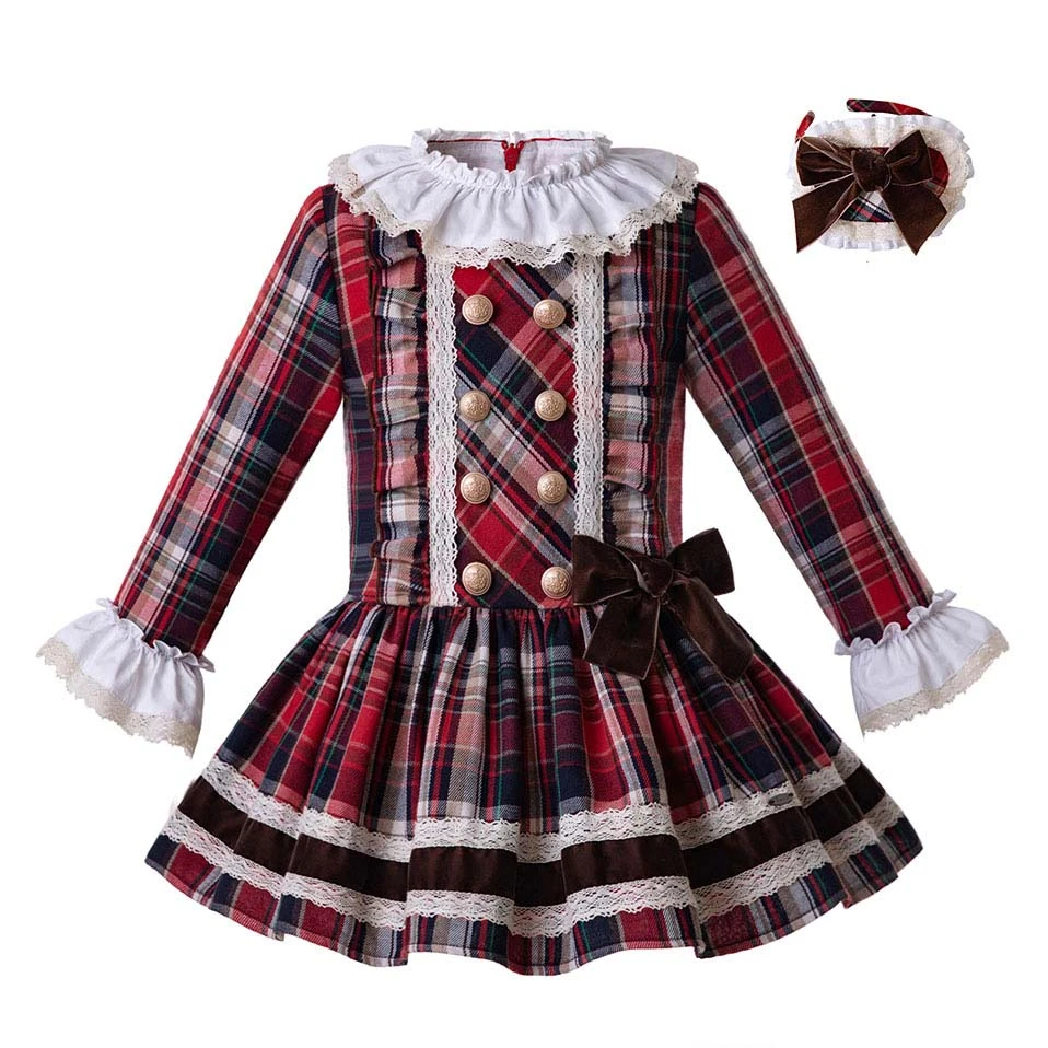 Pettigirl Girls Classic British Style Double Breasted Plaid Christmas Long Sleeve Lace Dress with Headband