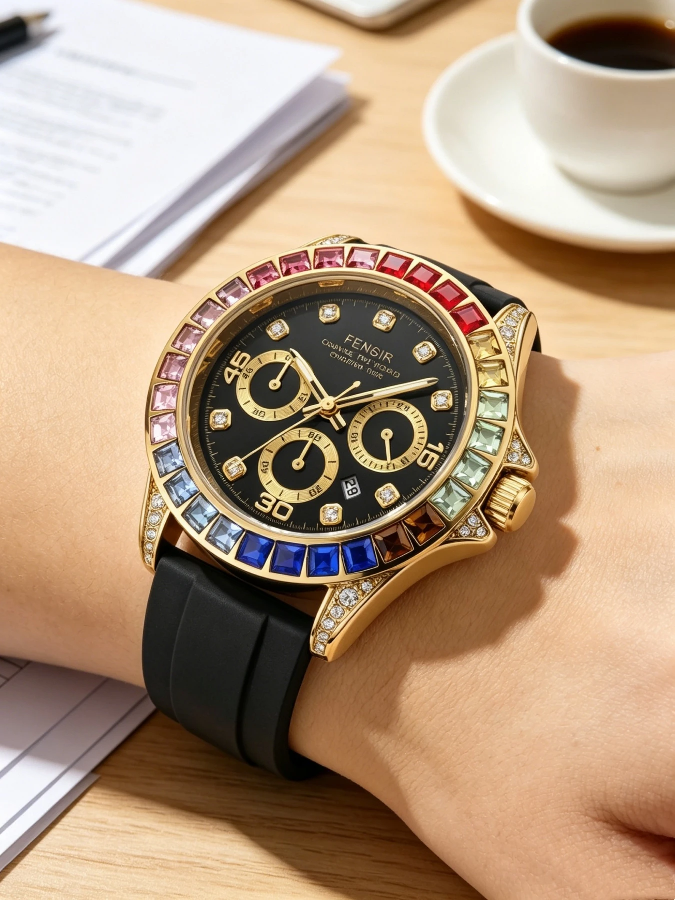 Classic Men's Rainbow Diamond Quartz Watch, Luxury Men's Watch, Black Silicone Strap Calendar Waterproof Wristwatch, Fashionable Hip-Hop Style Men's Watch, Trendy Business Versatile Watch, Gift for Boyfriend - view 5
