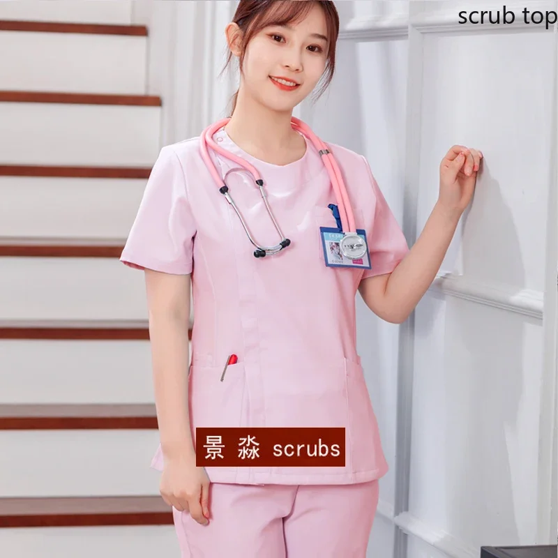 Women Scrub Top Zipper Medical Uniforms Round Collar Surgical Scrubs Short Sleeves Spa Uniforms Beauty Workwear Doctor Medical