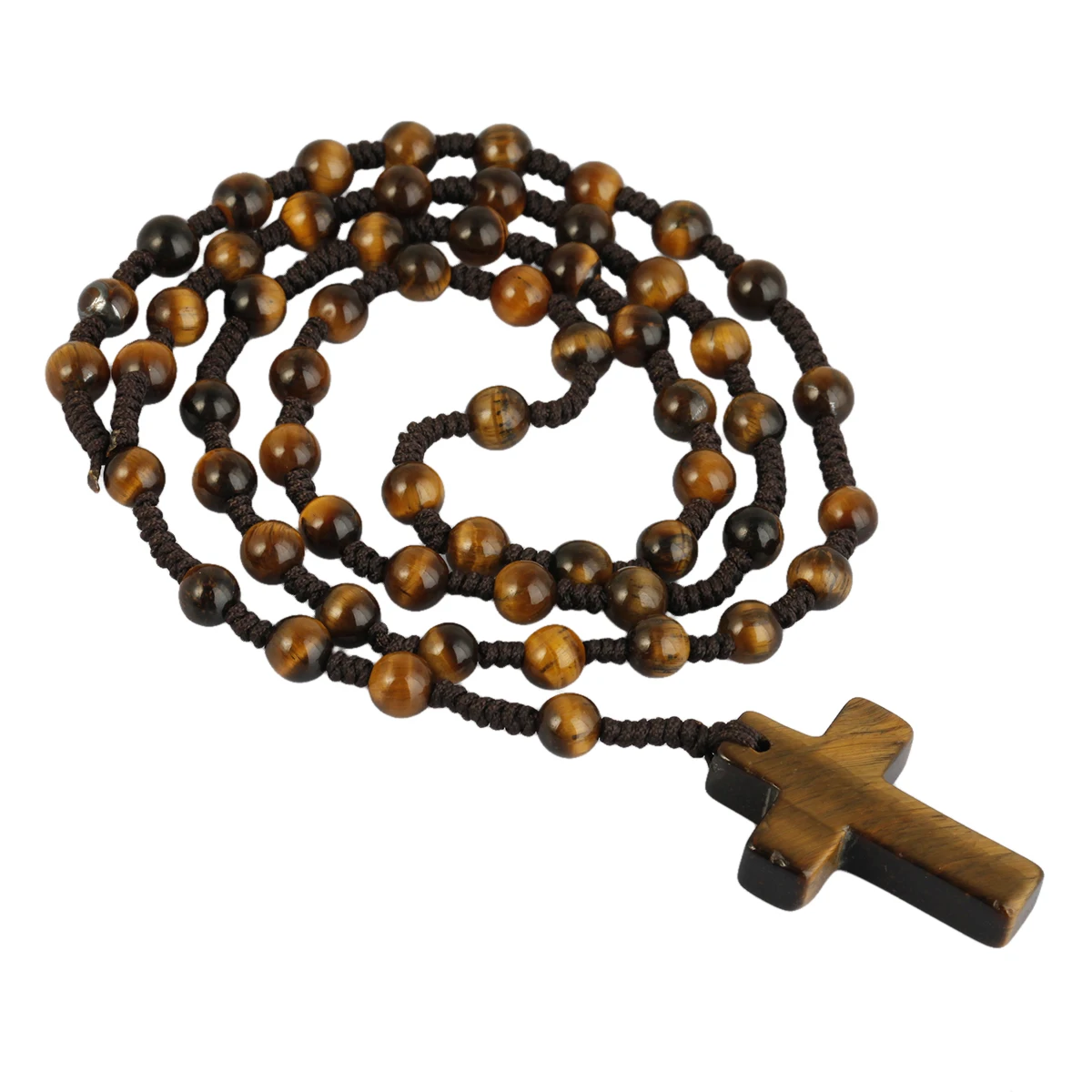 TUMBEELLUWA Natural Stone Cross Pendant Beaded Necklace for Men Women, Catholic Rosary Hand Knotted Necklace