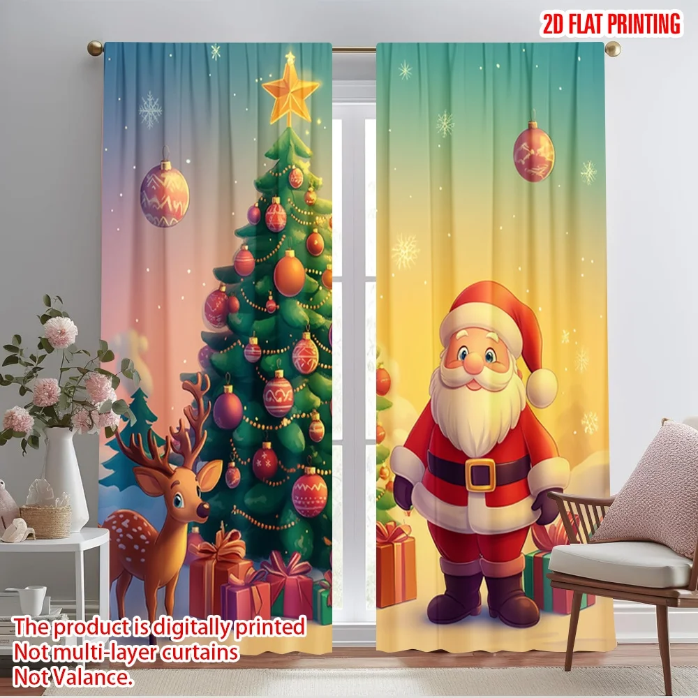 

2pcs,2D plane printing Popular Curtains Cute Santa Christmas Tree Gifts (3) Durable 100% Polyester Fabric (without rod)