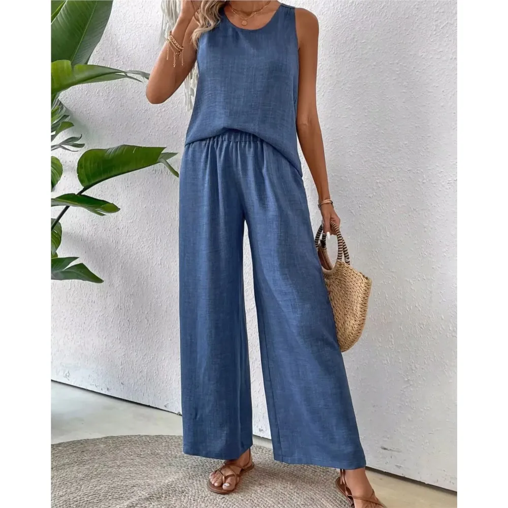 White Irregular Shirt Top And Wide Leg Pants Two-piece Set For Women 2024 New Summer Sleeveless Solid Color Back Hollow Lace Set