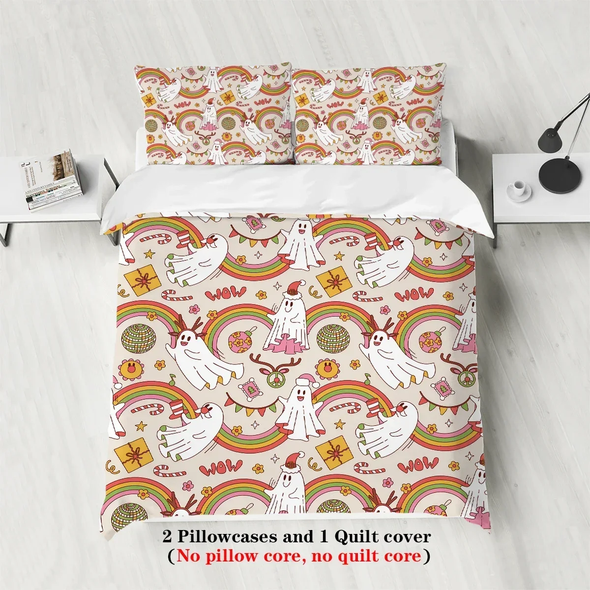3pcs Pink Bedding Set Happy Halloween Ghost Print Cozy Soft Duvet Cover King Queen Twin Size Halloween Gift Adult Bedroom Decor