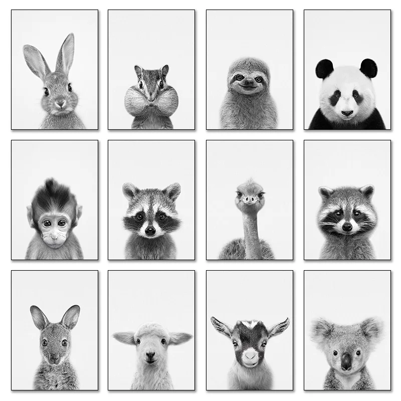 Hedgehog Racoon Lamb Black and White Animal Posters Canvas Painting Nursery Wall Art Pictures Living Room Home Decor Gift