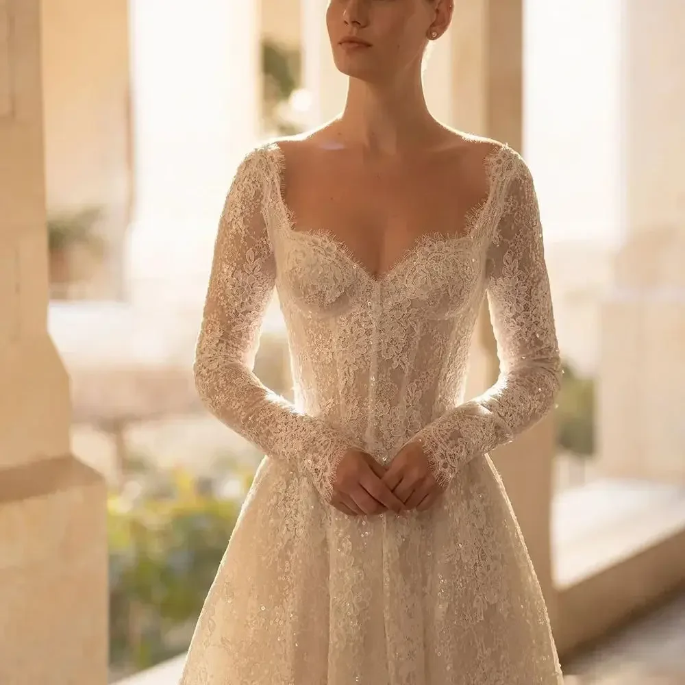 Classic Lace Wedding Dress 2026 Sweetheart A-Line Long Sleeves Sequined Princess Birde Bridal Gowns New Vestido De Novia