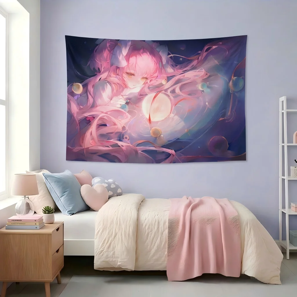 Pink Hair Magical Girl Starry Space Galaxy Planet Dreamy Purple Aesthetic Wall Hanging, Art Wall Blanket, Dorm Bedroom Decor