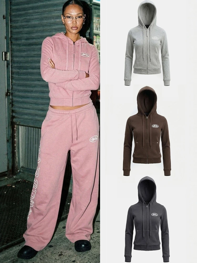 

American Style Hot Girl Hoodie Women Casual Sports Jacket Retro Top Trendy Loose Fit Short Length Zipper Closure