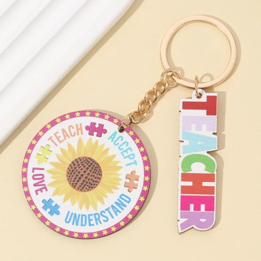 

Wooden Teacher's Day Keychain Geometric Shape English Letter Text Keychain Pendant Notebook Colorful Pen Holder Key Ring