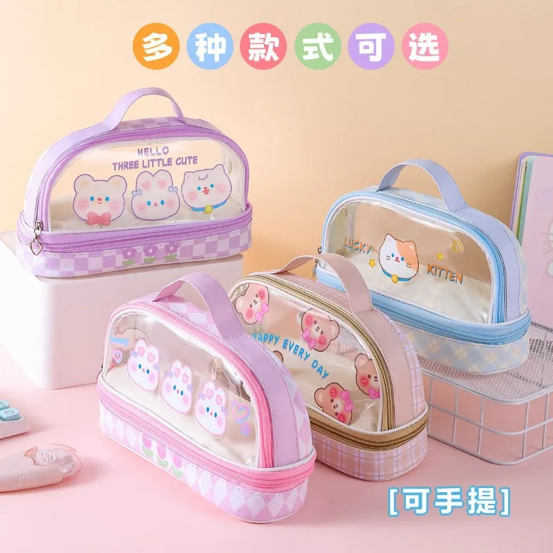 Niedrigstes transparentes Cartoon-Federmäppchen, doppellagiges Design, ideal für Schreibwaren und Make-up von Schulmädchen