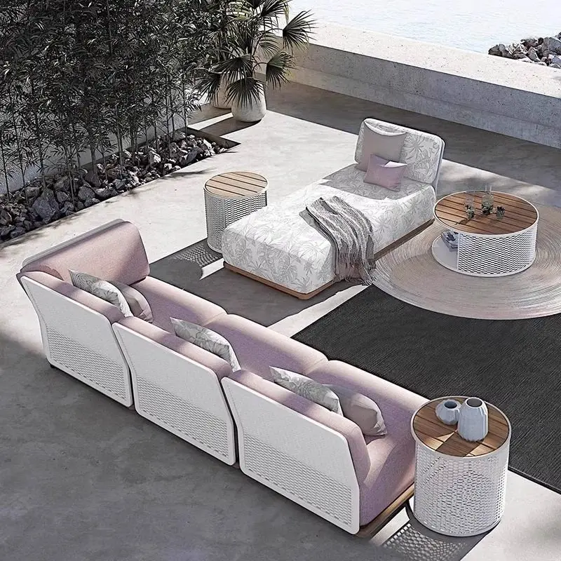 ！@Outdoor L-Shaped Sofa Bed Set-Villa/Courtyard Teak Waterproof Modern Simple Design for Terrace & Garden image 2