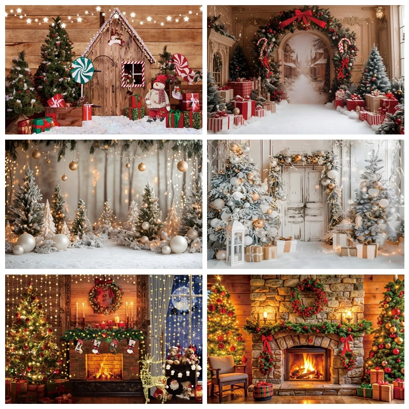 

Winter Christmas Photography Background Xmas Tree Gifts Fireplace Kids Family Portrait Decor Banner Backdrop Photo Studio Props