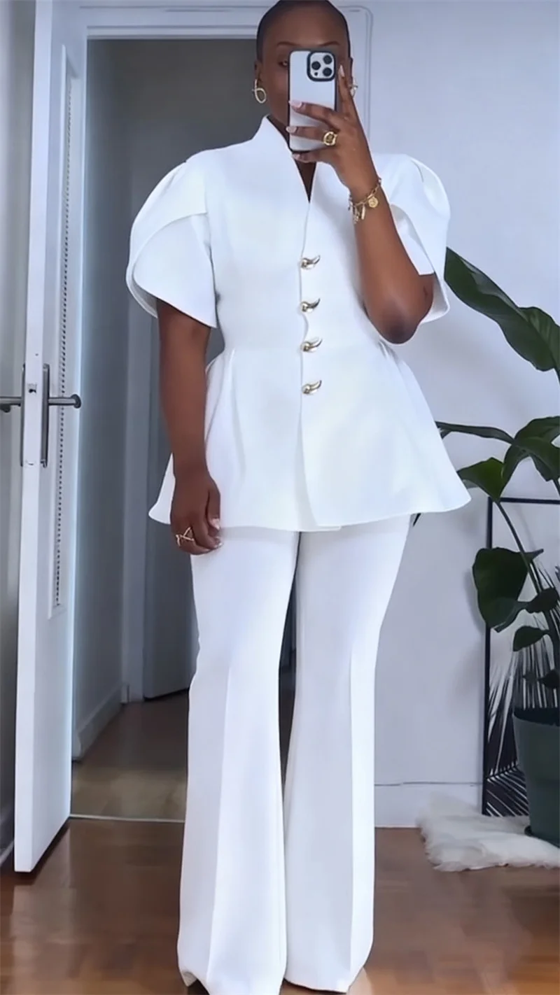 طقم مكون من قطعتين أنيق عتيق طقم نسائي متناسق مكتب سيدة واحدة الصدر بأكمام منتفخة معطف وبدلات واسعة الساق