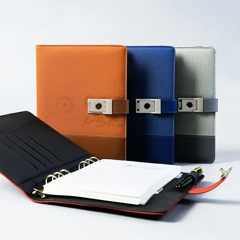 Libro portatile con password per impronte digitali da ufficio, ricarica wireless, disco U, password, taccuino aziendale a fogli mobili