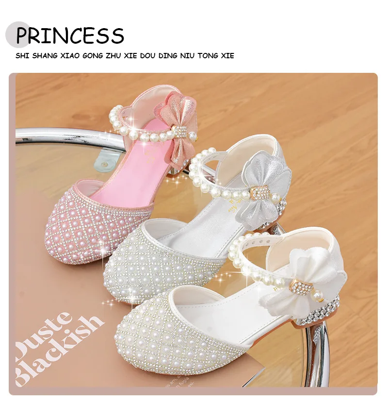 New Girls High Heels for Kids Pearl Teen Crystal Party Princess Sandals Child Wedding Formal Leather Shoes Girls Party Footwear