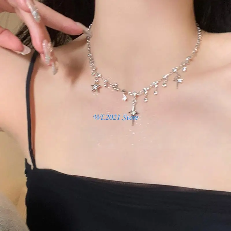G5GC Four Pointed Star Necklace Cubic Zirconia Stones Neck Chain Jewelry Gift Can Matching All Necklines for Confident