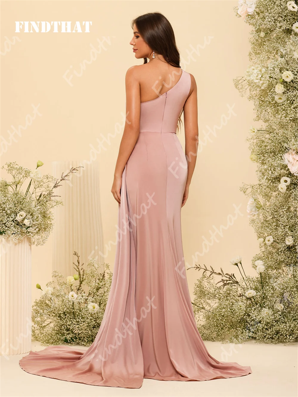 Findthat One Shoulder Bridesmaid Dresses for Women 2024 with Slit Elegant Silk Satin Side Train Zipper Back Evening Prom Gowns