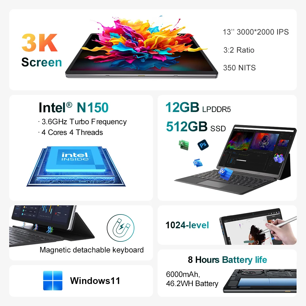 Ninkear S13 Neo Tablet PC 2 en 1 13 Pulgadas Intel N150 12GB LPDDR5 512GB SSD Pantalla Táctil IPS 3K Windows 11 Teclado Magnético Desmontable Lápiz 6000mAh