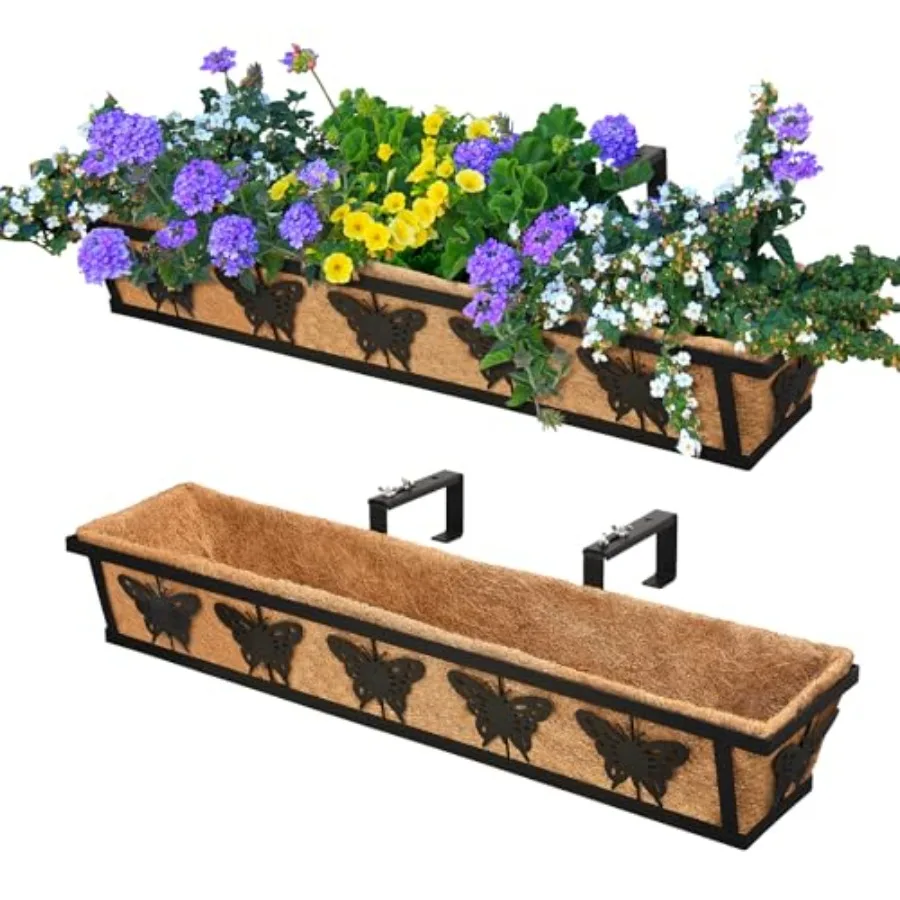

Window Box Railing, 24IN Black Metal Hanging Flower Planter Basket with Coco Liner for Outdoor Balcony Porch Fence Patio for Ho