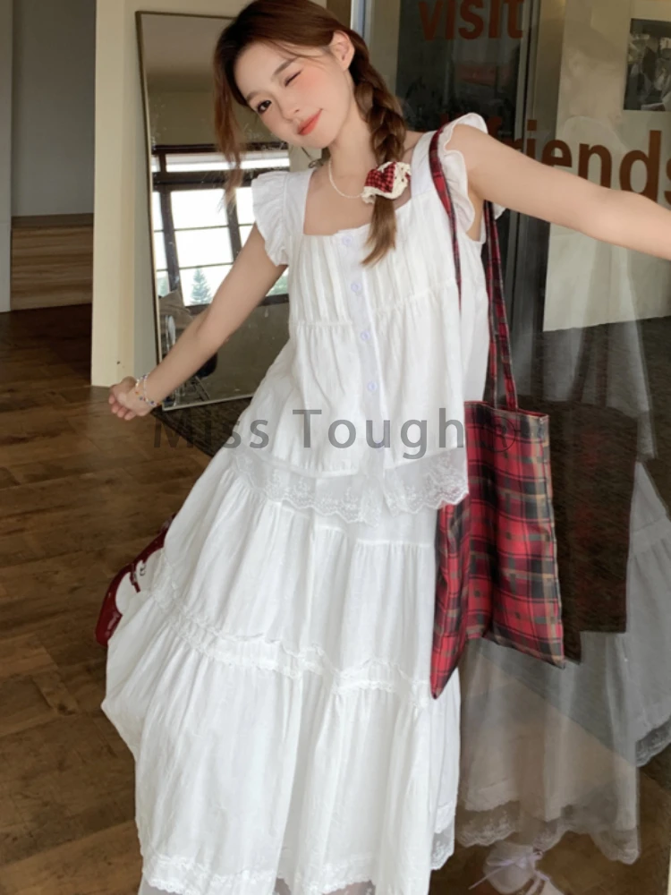 Summer Sweet Loose Lace Sling 2 Piece Set Women Elegant Natural Sleeveless Solid Dress Female Design High Waist A Line Dresses