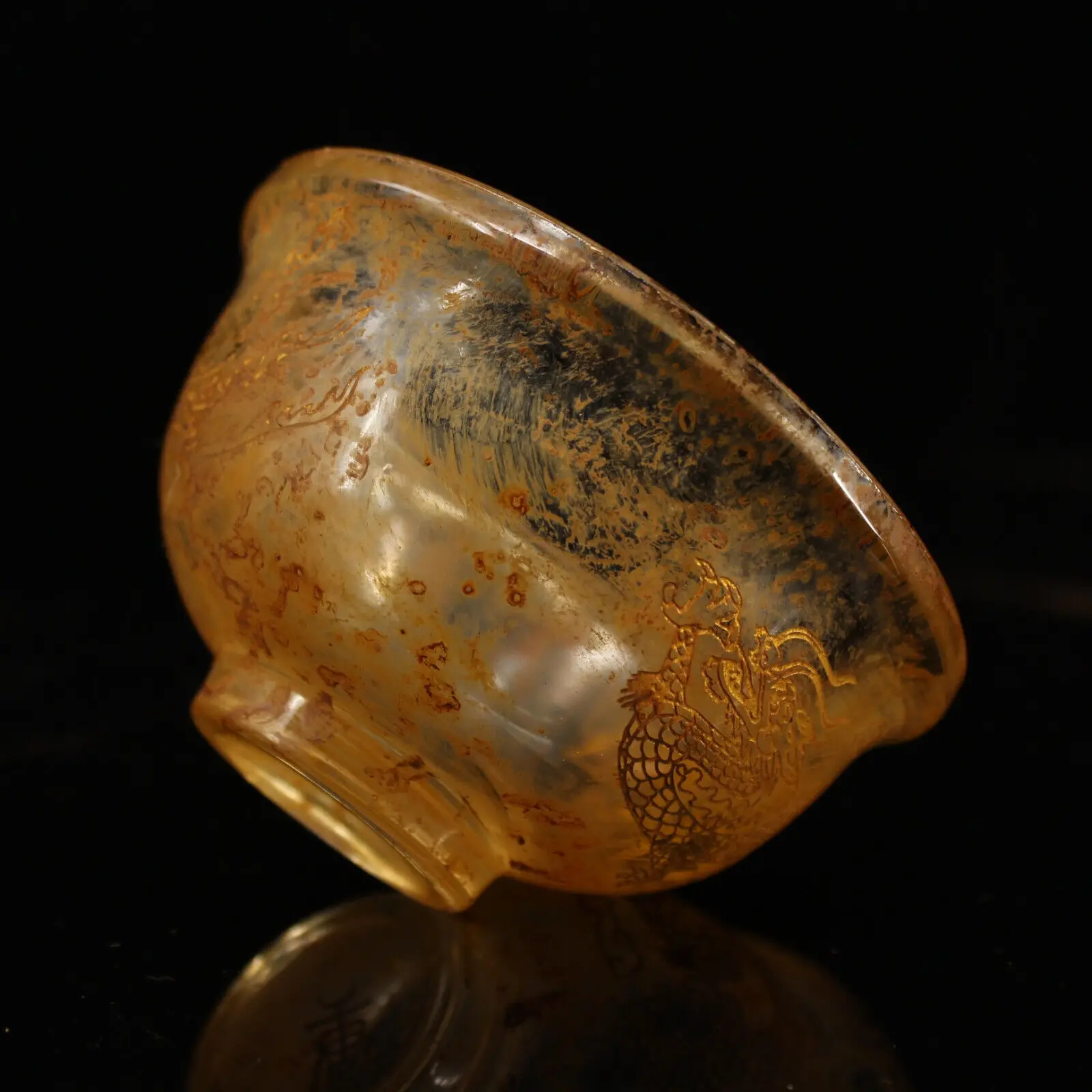 Chinese collection glass carved dragon phoenix statue bowls cup ornaments gift