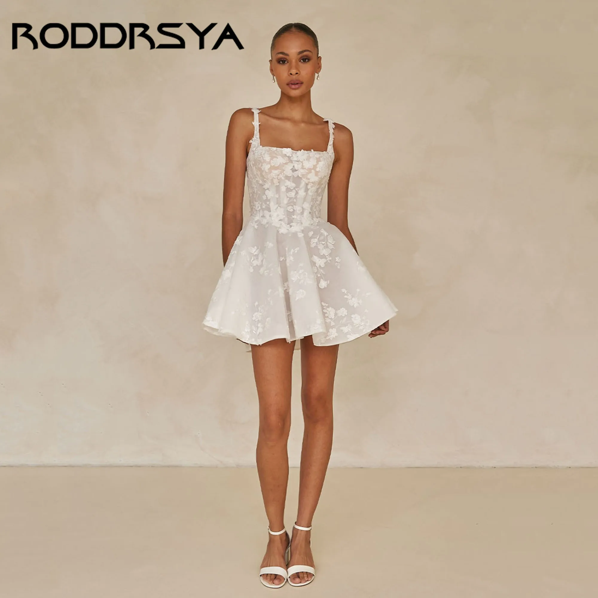 

RODDRSYA Tulle Wedding Dress Short Spaghetti Straps With Lace Appliques Square Neck Party Gowns vestidos de novia Custom Made