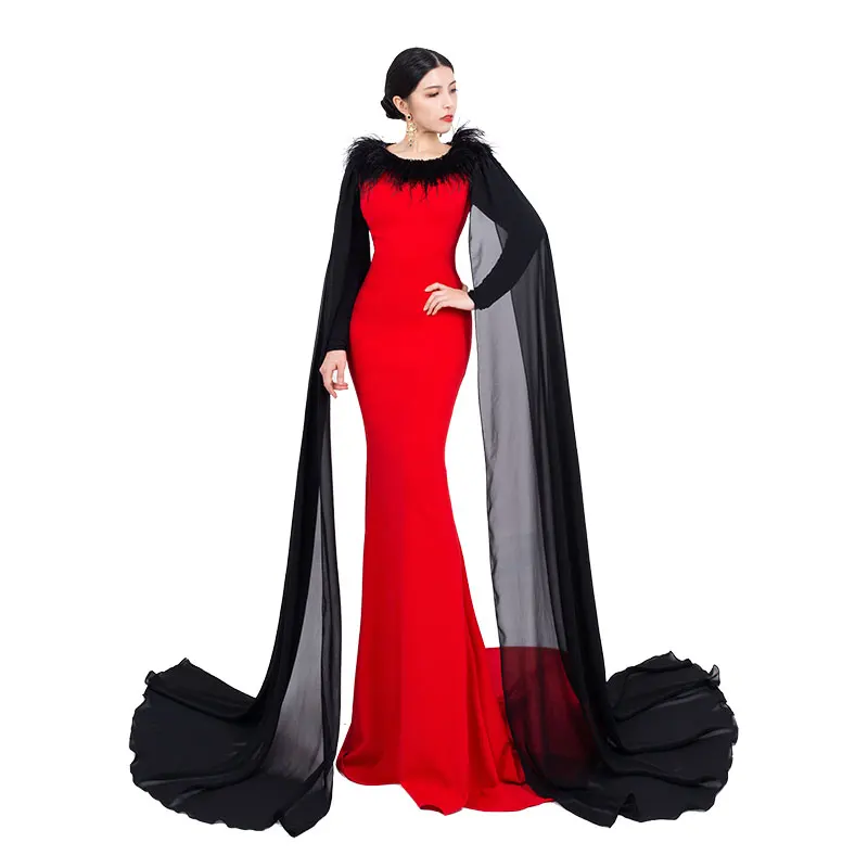 Slim fit buttocks wrapped evening gown with feather craftsmanship, light luxury host's annual banquet H929