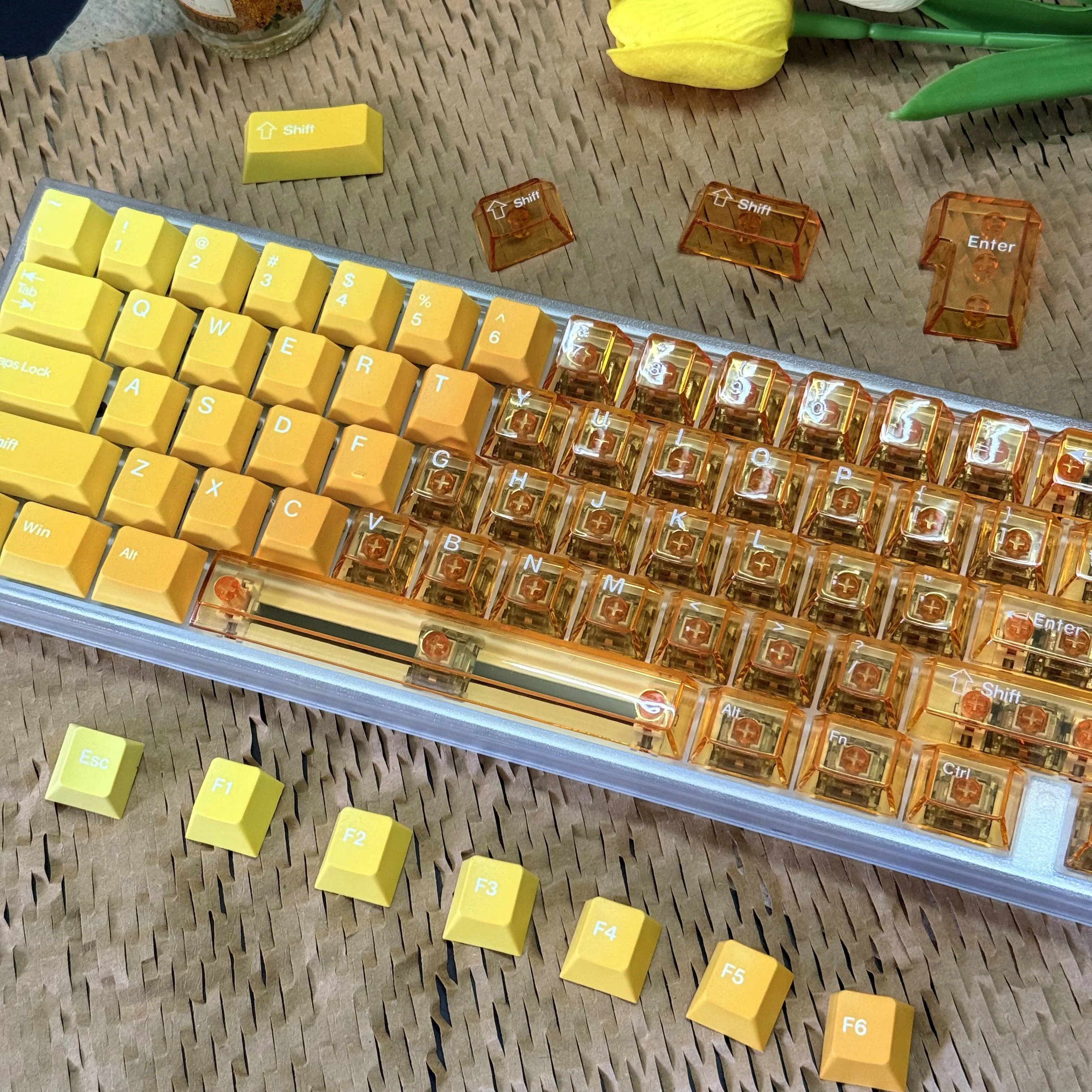 Gradient Translucent Two-Tone Keycaps Top Print Orange Purple Blue Pink Cherry Profile for 60% 75% TKL 100% Mechanical Keyboard