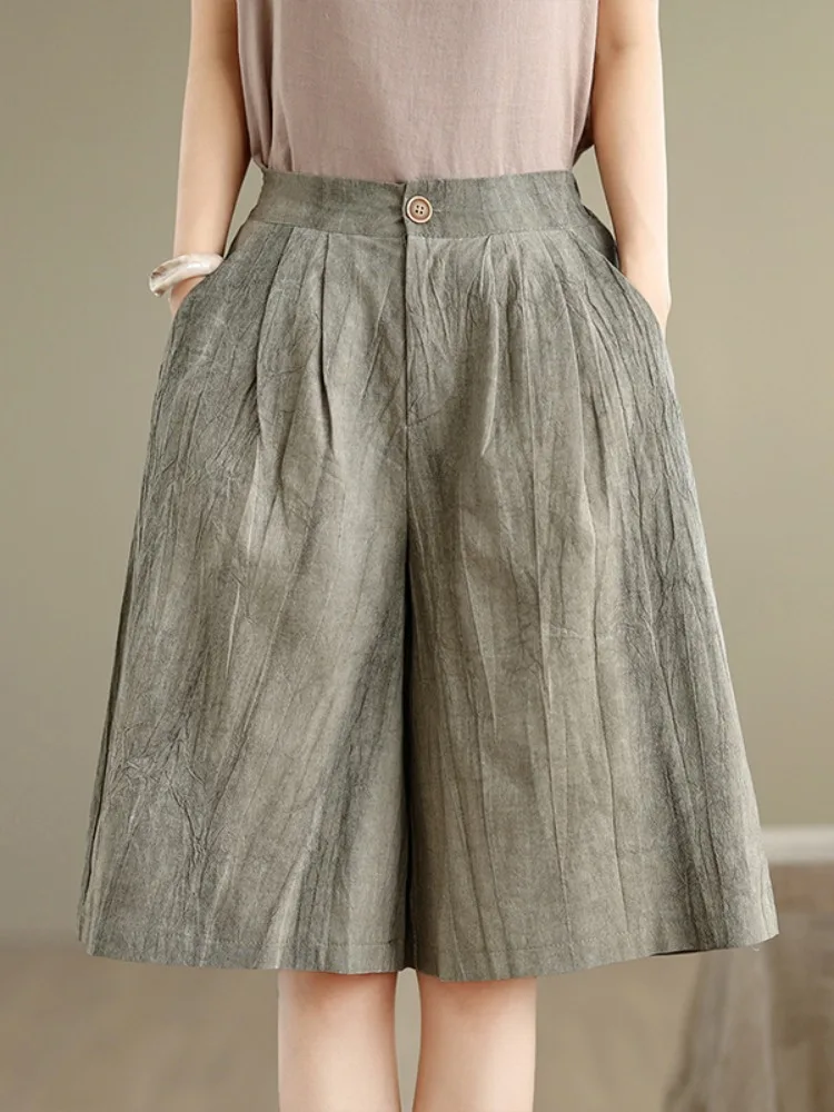 Good Quality Vintage Yarn Dye Cotton Linen Women Shorts Summer Fashin High Waist Solid Color Simple Versatile Half Length Pants