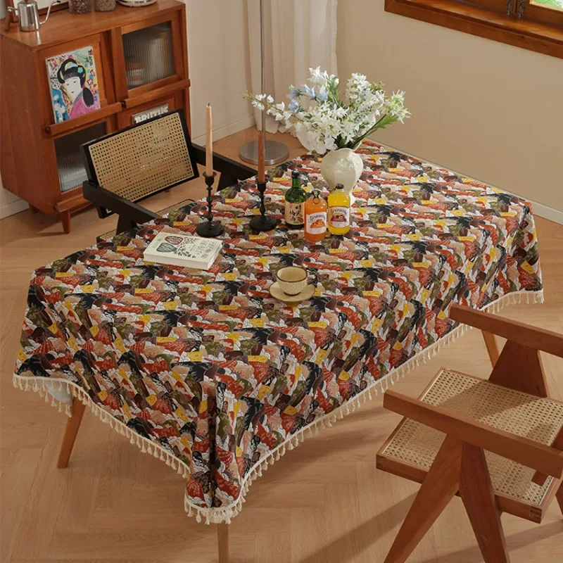 Cross Border Bohemian Style Light Luxury High-end All Cotton Tassel Printed Tablecloth Japanese Retro Dining Table Tablecloth